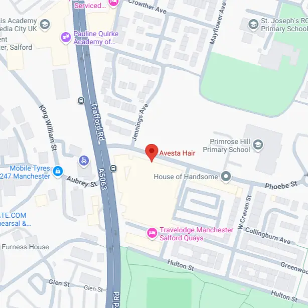 Map pin showing Avesta Hair salon location in Salford